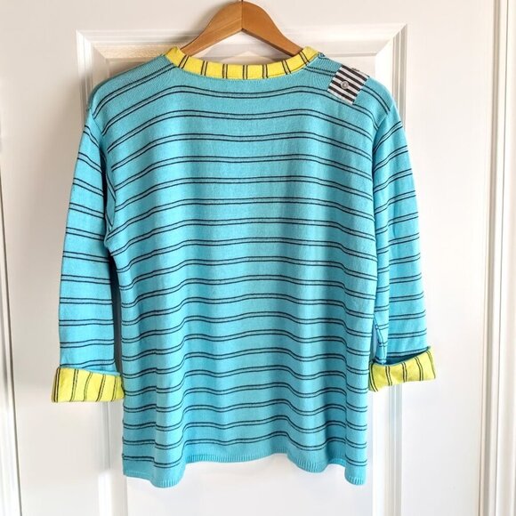 Margaret Winters Blue Yellow Striped Cotton Cuffed Tee NWT - Picture 2 of 8